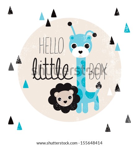 Cute Giraffe And Lion Animal Illustration Hello Baby Boy Birth Announcement Card Template In Vector