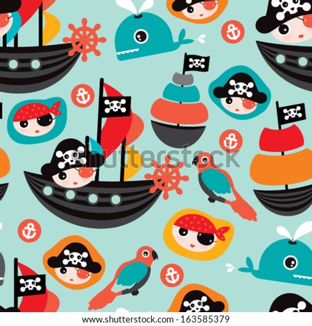 Seamless retro pirates illustration sailing the ocean background pattern in vector Seamless retro pirates illustration sailing the ocean background pattern in vector