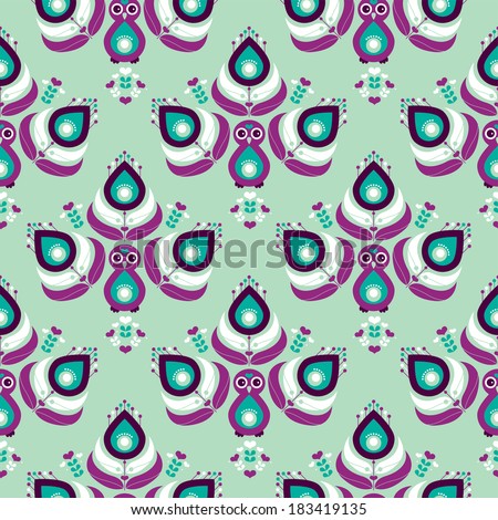 Seamless Indian mint and purple peacock bird exotic illustration background pattern in vector