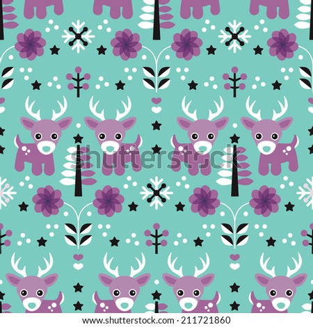 Seamless kids reindeer winter wonderland blossom illustration wrapping paper for christmas background pattern in vector Seamless kids reindeer winter wonderland blossom illustration wrapping paper for christmas background pattern in vector