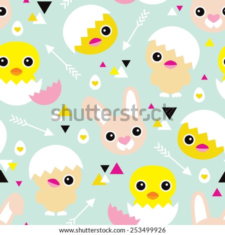 Seamless easter holiday illustration spring chick and bunny geometric arrow pastel background pattern in vector