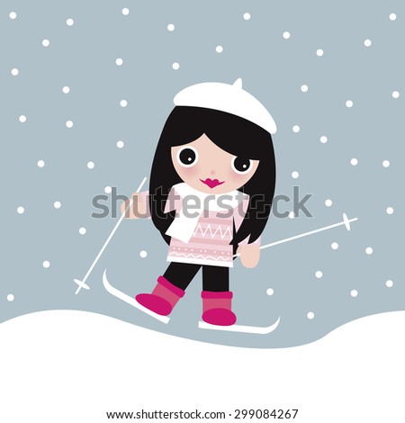Cute winter wonderland theme illustration little skiing ski slope winter sports girl in snow postcard print cover design template in vector