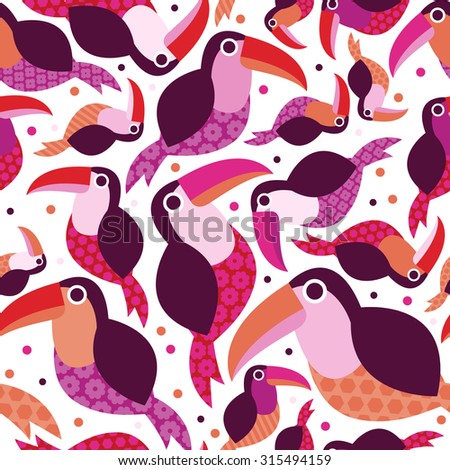 Seamless pink toucan birds tropical summer Brazil jungle animals illustration background pattern in vector