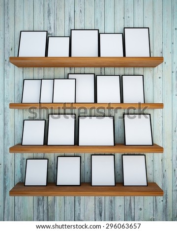 Photo frame on the old wood wall and wood shelf