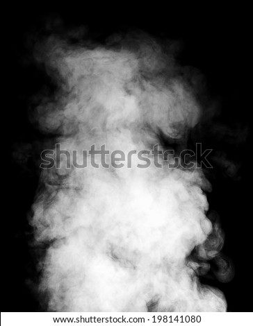 Real white steam isolated on black background with visible droplets.