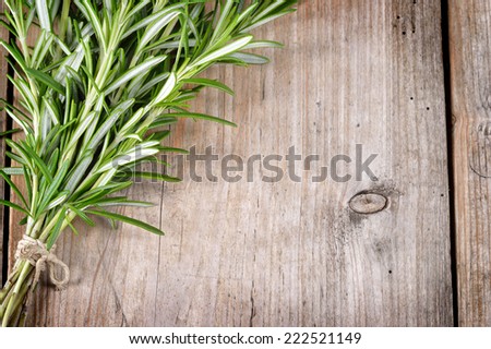 Fresh bunch of rosemary on wooden table. Aromatic evergreen herb, many culinary and medicinal uses.