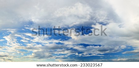 Panoramic sky with clouds. Evening sky in a spring.