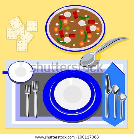 Soup and crackers.  Illustration of a table setting that has a place setting, ready for soup and crackers for lunch.