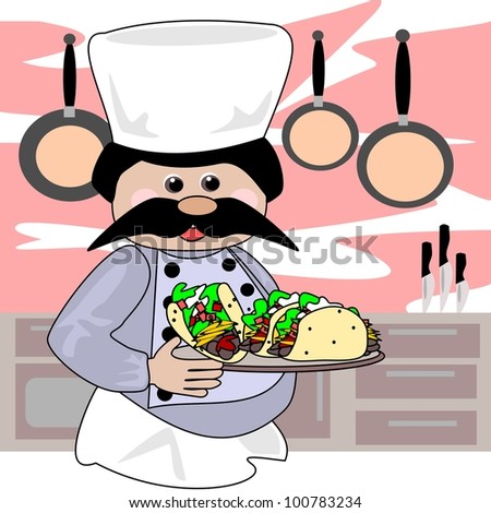 Taco chef.  Cartoon illustration of a chef that has made tacos. The kitchen area in the background.