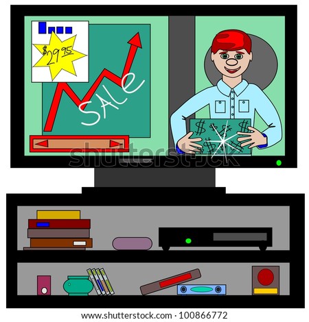 TV advertising program.  Cartoon illustration of a television with a program on, that is advertising a bargain sale.