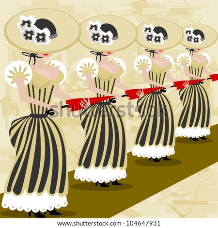 Dancing ladies.  Illustration of dancing ladies with old fashion dresses, hats and umbrellas for a costume.