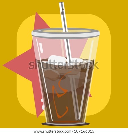 Cold drink.  Illustration of a cold drink that is a container and straw, filled with pop and ice.