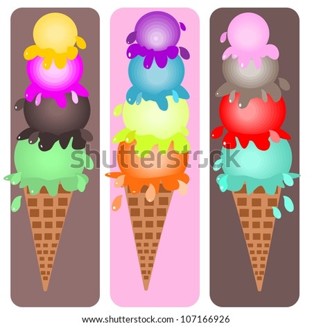 Ice cream cones.  Illustration of ice cream cones with colorful scoops of cold ice cream.