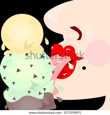 Eating ice cream.  A close up illustration of a lady eating ice cream for dessert.