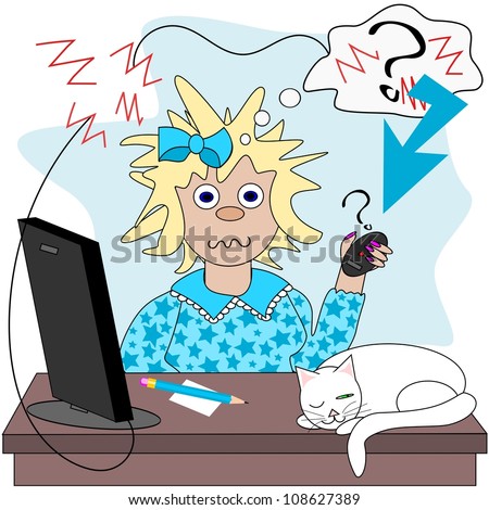 No connection.  Frazzled lady wondering why she has no internet connection and the computer will not work.