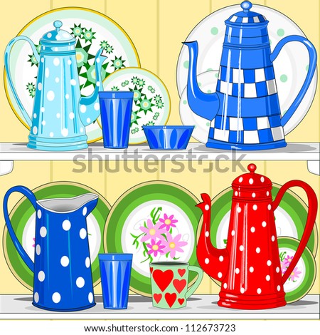 Coffee pots and dishes.   Illustration of colorful dishes, plates, cups and coffee pots in a cupboard.