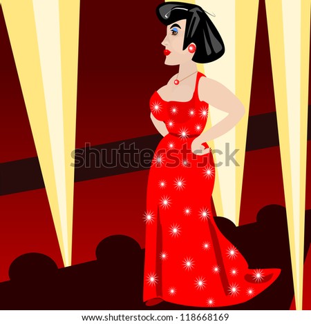 Lady in red.  Illustration of a lady in a sparkling red gown walking down the runway.