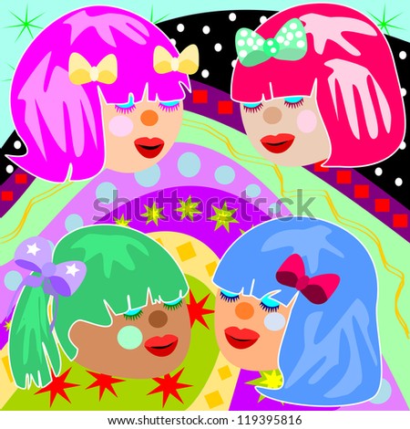 Girls with colorful hair.  Illustrations of girls that have colorful hair and pretty bows.