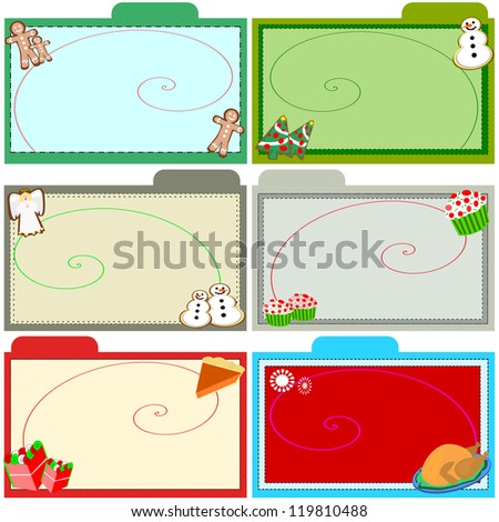 Christmas recipe cards.  Christmas recipe cards  with colorful decorations of  cookies, pies, turkey, cupcakes, and gingerbread men.