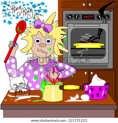 The frazzled cook.  A frazzled lady is making a mess in the kitchen as the food is burning in the oven and now the phone is ringing and her hands are full.