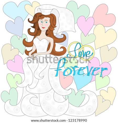 Bride with hearts.  A cartoon bride, with hearts surrounding her, is wearing a soft lacy gown that matches her hair style.