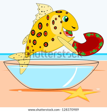 Fish eating a dish.  Cartoon illustration of a yellow spotted fish eating a dish for a snack, by the sea.