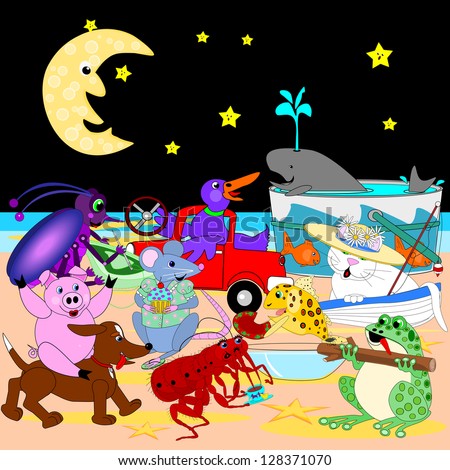 Singing under the moon.   Cartoon critters that are all together, singing under the moon, on the beach.