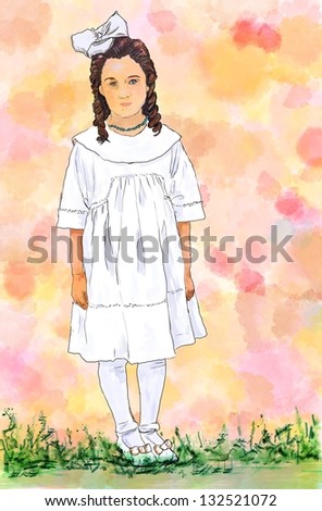 Sad Girl.  Illustration of a young girl wearing a pretty dress and bow.