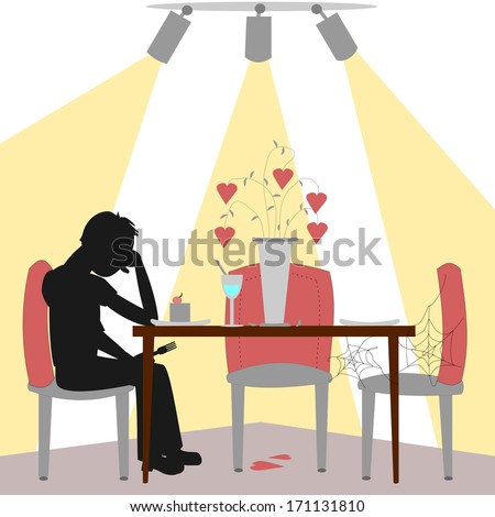 Lonely diner.  A lonely man sits at a table with no one to share his life with. A bouquet of hearts is fading and the man is sad.