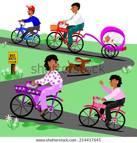 Family takes a bike ride.  A family takes a bike ride on the trail