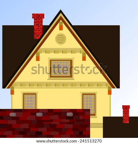 House in town.  View of a yellow house with windows, a chimney and a peaked roof.