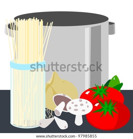 Pasta and pot.  Illustration of pasta and a pot, with some of the ingredients to make a spaghetti dinner.