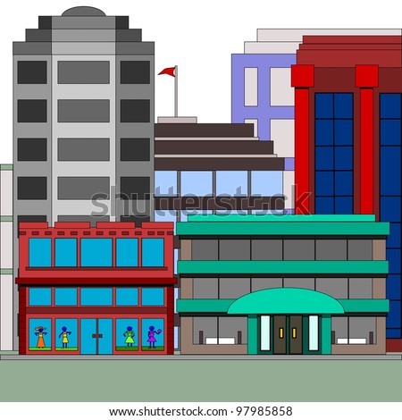 Tall buildings with a dress shop.  Illustration of tall and short buildings in the city with a dress store.