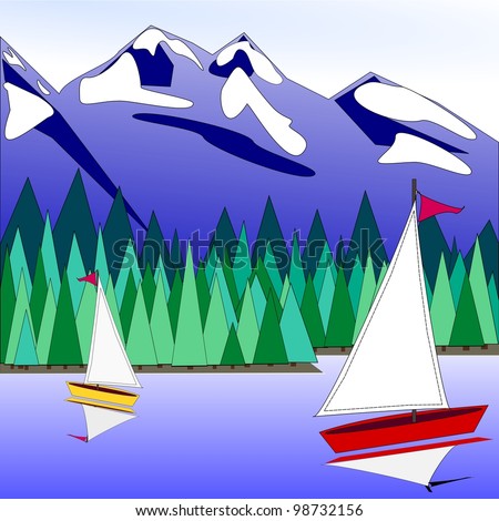 2 sailboats on a lake.  Illustration of 2 sailboats on a lake with mountains and trees in the background