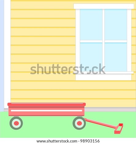Pastel wagon and window.  Illustration of a little red wagon, the side of a home and a window in pastel colors.