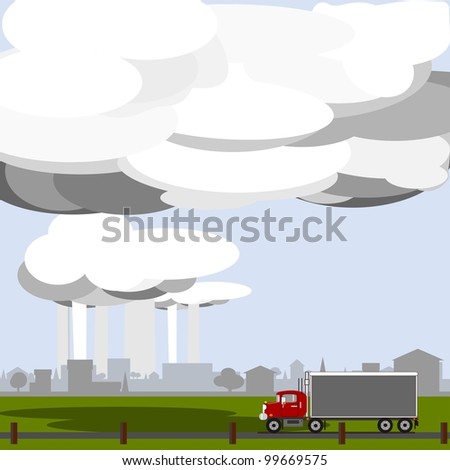 Rain in the distance.  Illustration of angry rain clouds in the distance, raining on a town. A big truck is driving down the road.