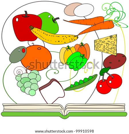 Healthy cooking cookbook.  Illustration of a healthy cookbook with visions of healthy foods, like vegetables, fruit, eggs and cheese.