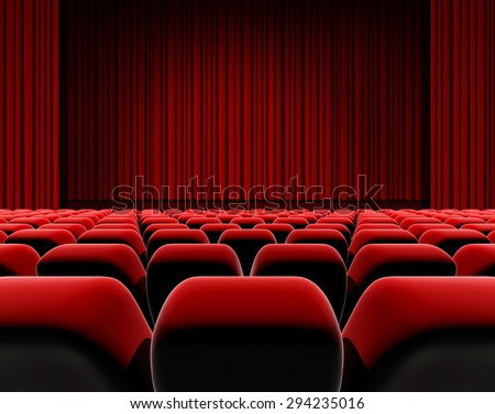 Cinema or theater screen, red curtain and stage with seats.