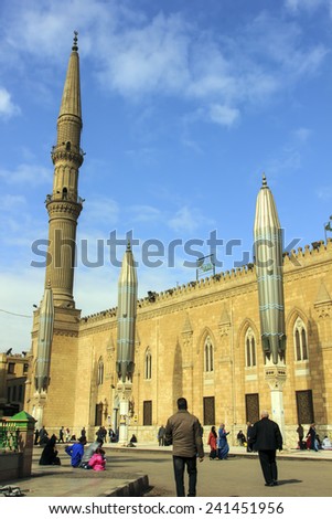 Cairo,Egypt - December 13, 2014: Al-Hussein Mosque near the Khan El-Khalili bazaar