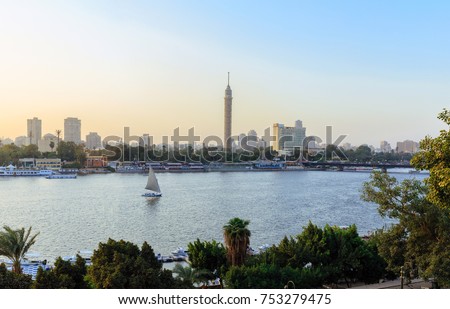 Cairo Tower, Cairo on the Nile, Egypt, with the Nile River view, Sunset.