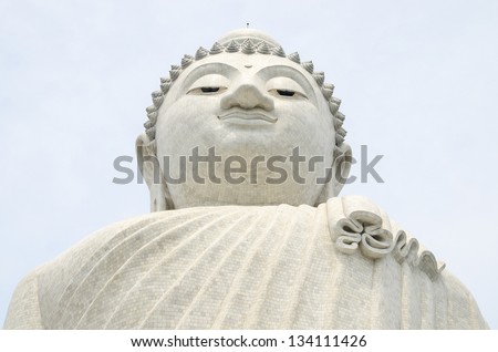 The marble statue of Big Buddha in Phuket, view from below