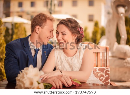 lovely wedding couple sharing positive emotions