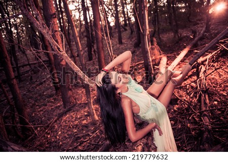 young pretty brunet in sexy dress at dry fall forest fallen tree
