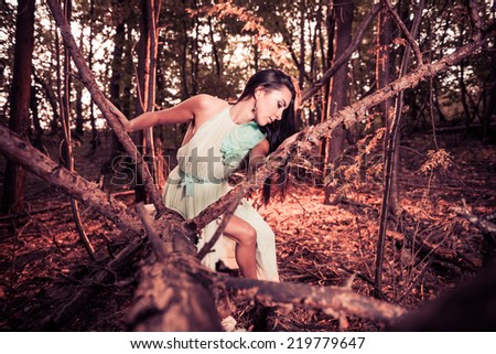 young pretty brunet in sexy dress at dry fall forest fallen tree