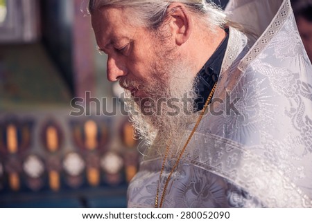 Pochaiv, Ukraine - may 13, 2015 priest portrait inside church of the Holy Spirit Cathedral, Orthodox monastery located in Pochaiv (Ternopil region)