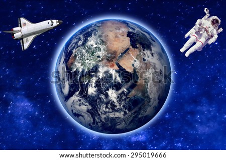Rocket  and astronaut in outer space against the backdrop of the earth And constellations. Elements of this image furnished by NASA.