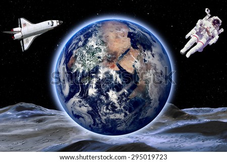 Rocket  and astronaut in outer space against the backdrop of the earth And constellations. Elements of this image furnished by NASA.