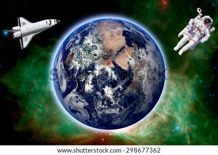 Rocket and astronaut in outer space against the backdrop of the earth And constellations. Elements of this image furnished by NASA