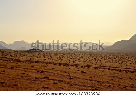 Desert Landscape and Rock Formations and Mountains at Sunset, Wadi Rum, Jordan
