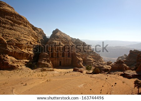 Elevated View of The Monastery or El Deir at the Ancient City of Petra, Jordan,